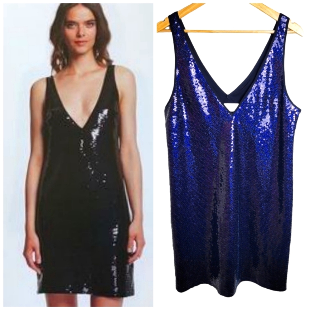 Amanda Uprichard Vita Sequin Mini Dress Blue Size Medium Holiday New Years Glam